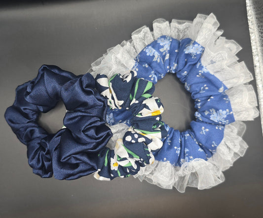 3 Blue Scrunchie Set